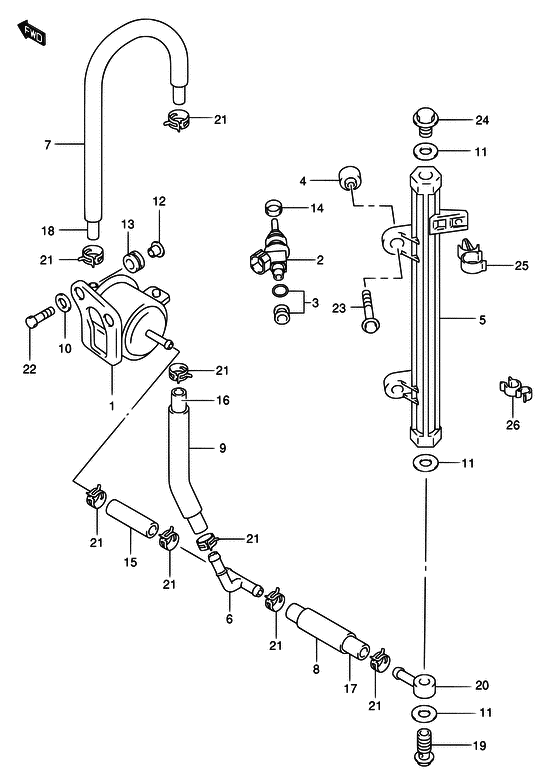 Suzuki DF 70 Fuel injector ((*); NOTE : (*) : DF60:971544~MODEL:09 DF70:972016~MODEL:09)