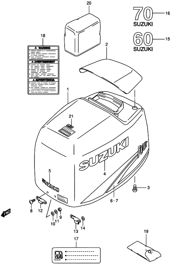 Suzuki DF 70 Engine cover ((MODEL:98~02); NOTE : REFER TO FIG.48A(G- 9) FOR MODEL:03~09)